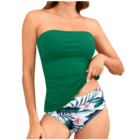 2 Piece Bandeau Swimsuits for Women High Waist Bathing Suit Removable Strap Bikini Top Briefs Modest Swimwear  Green  S