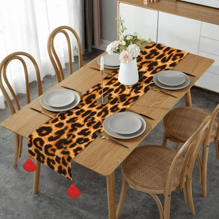 

Leopard Print Animal Skin Table Runner Imitation Linen Table Runner With Red Tassels For Party And Dining Room 14 x 60