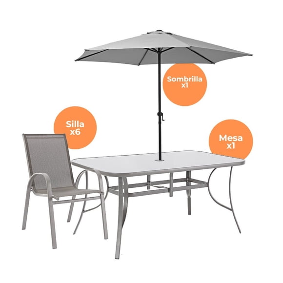Set de Comedor Naterial Mesa + 6 Sillas + Sombrilla para Jardín Gris Modelo Alma