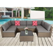 Kinbor 7pcs Patio Outdoor Furniture Sets Rattan Sectional Furniture Sofa Chair Set with Tea Table and Gray Cushions