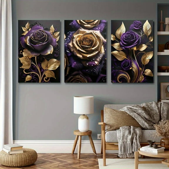 Golden Rose Canvas Wall Art - Deep Purple and Gold Floral Painting, Frameless Canvas Painting, Suitable for Living Room, Bedroom, Office, Wedding - Small, Medium, Modern Artwork