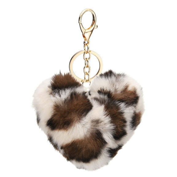 Uxcell Pom Pom Keychain, 10 cm Soft Cute Fluffy Heart Key Ring, Leopard White