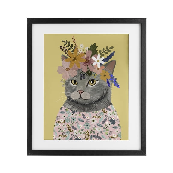 Spring Cat Floral Portrait Black Framed Print Under Glass, 13 x 16, Made In USA