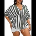 thumbnail image 2 of Camiseta de Verano Holgada de Corta con Cuello en V y Rayas para Mujer, Talla Grande, para Vacaciones Verde 5XL, 2 of 9