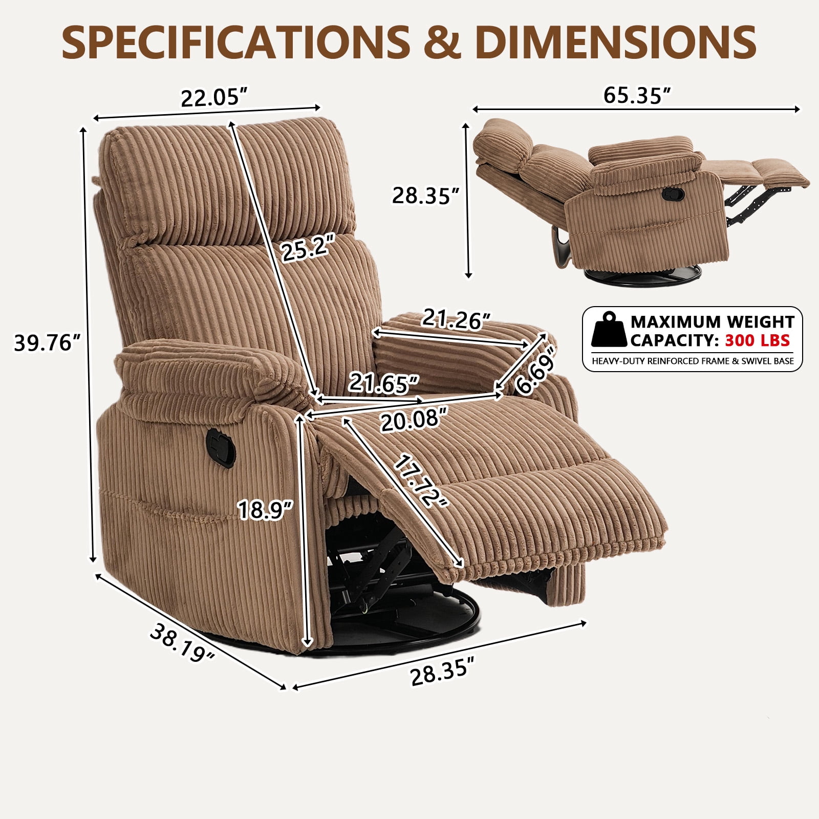 Leumius Swivel Recliner Chair,360° Swivel Rocker Chair for Living Room,Upholstered Nursery Glider Recliner Chair for Small Spaces,Manual Recliner for Adults for Home Theater,Brown