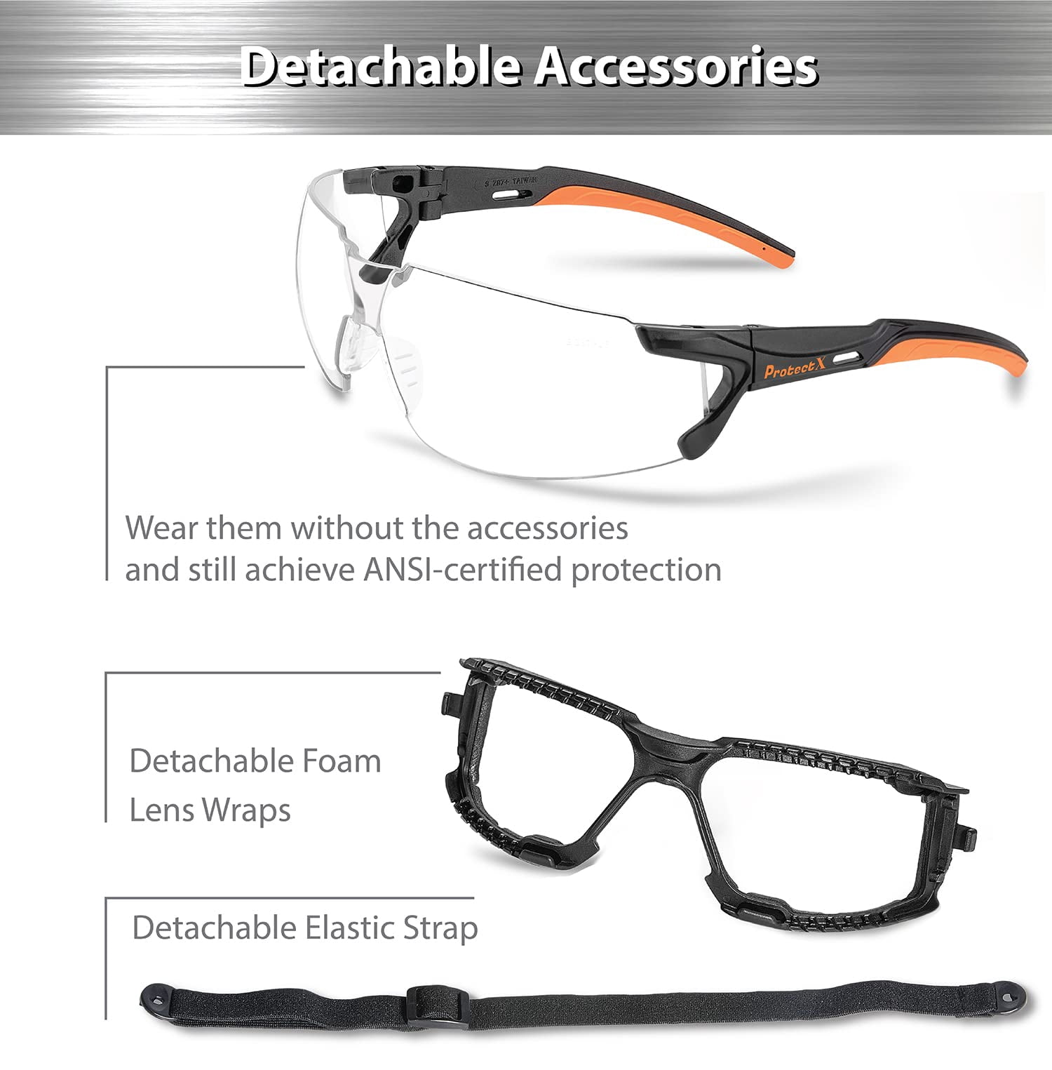 ProtectX Safety Glasses Foam Lens Wrap w Strap, Scratch Resistant Anti Fog Polycarbonate Lenses ANSI Z87.1 with UV Protection