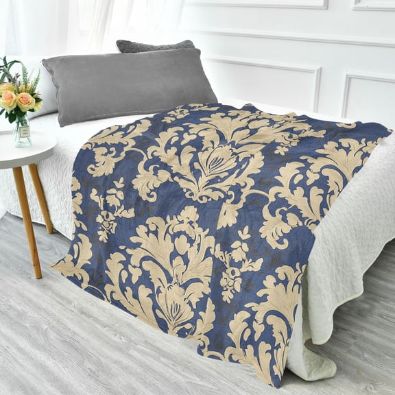 YAZAOO Travel Blanket Camping Blankets Fashion Navy and Cream Damask Elegance Patten