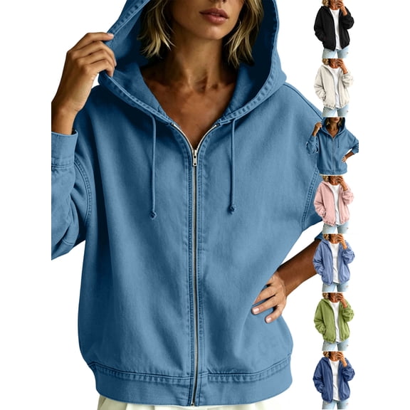 MexChoioe Hoodie Denim Jacket for Womens Drawstring Vintage Denim Fabric Hoodies Full Zip Long Sleeve Hooded Jean Coat with Pockets