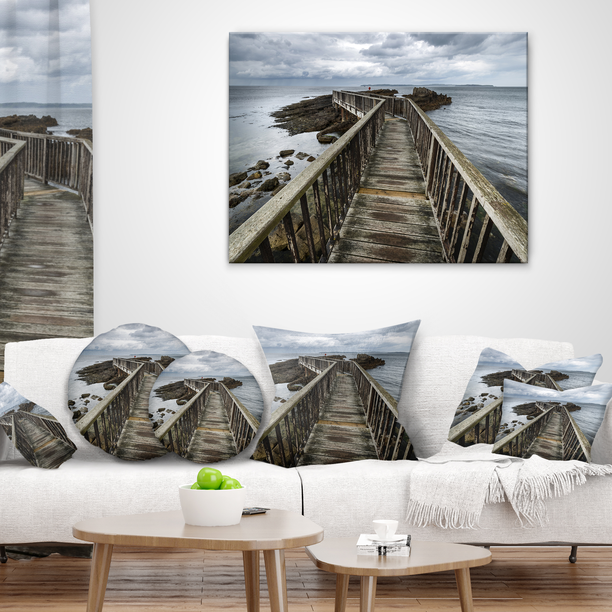Designart Wooden Pier on North Irish Coastline - Sea Bridge Throw Pillow - 16x16