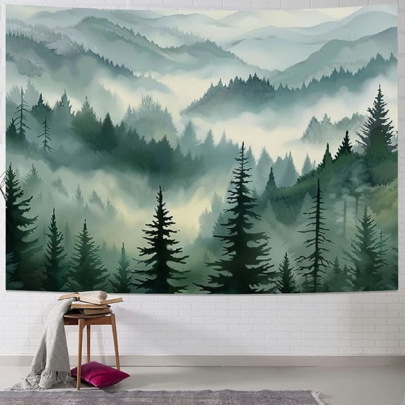 PRATYUS Misty Forest Tapestry, Nature Mountain Tapestry Wall Hanging Watercolor Landscape Wall Tapestries for Bedroom Aesthetic Men Living Room Sage Green Wall Art Home Decor Gift  Painting