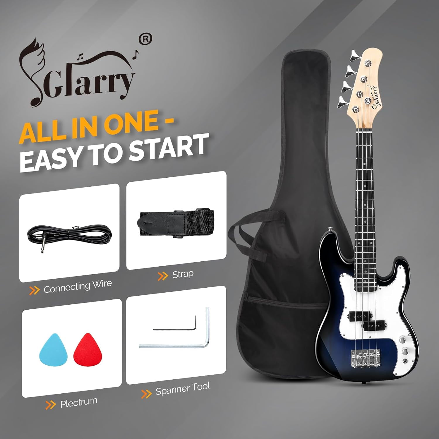 GLARRY 36in Electric Bass Guitar, 4 String Beginner Starter Kit with Accessories including Cable, Strap, Bag for Kids and Adults (Red)