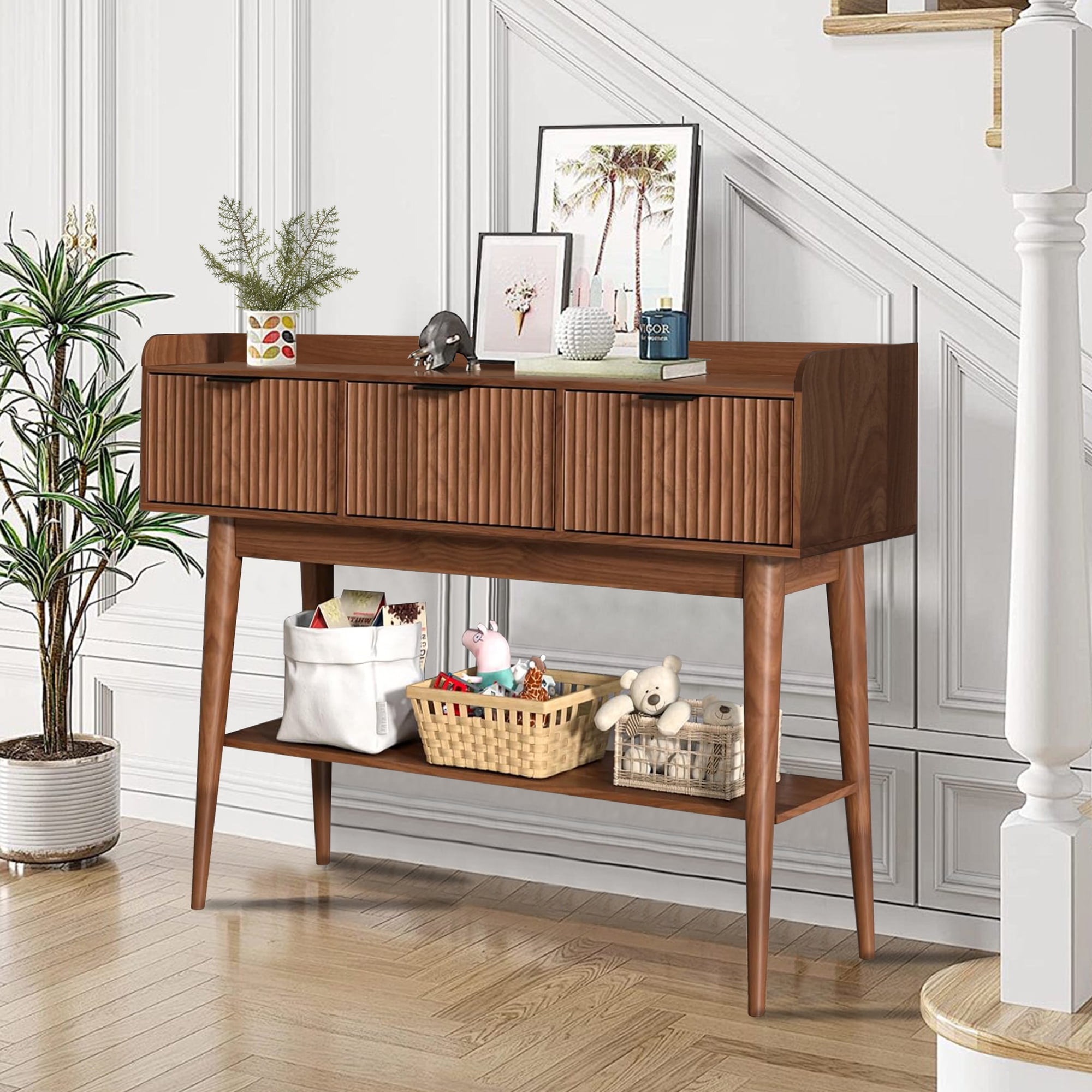 Console Table with Drawers, Narrow Entryway Table with Storage Shelves, Accent Sofa Table for Living Room, Hallway, Walnut