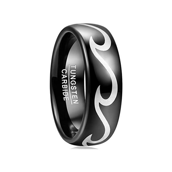 NUNCAD Black Tungsten Ring 8mm for Men with Wave Pattern Polished Finish Size 7-12
