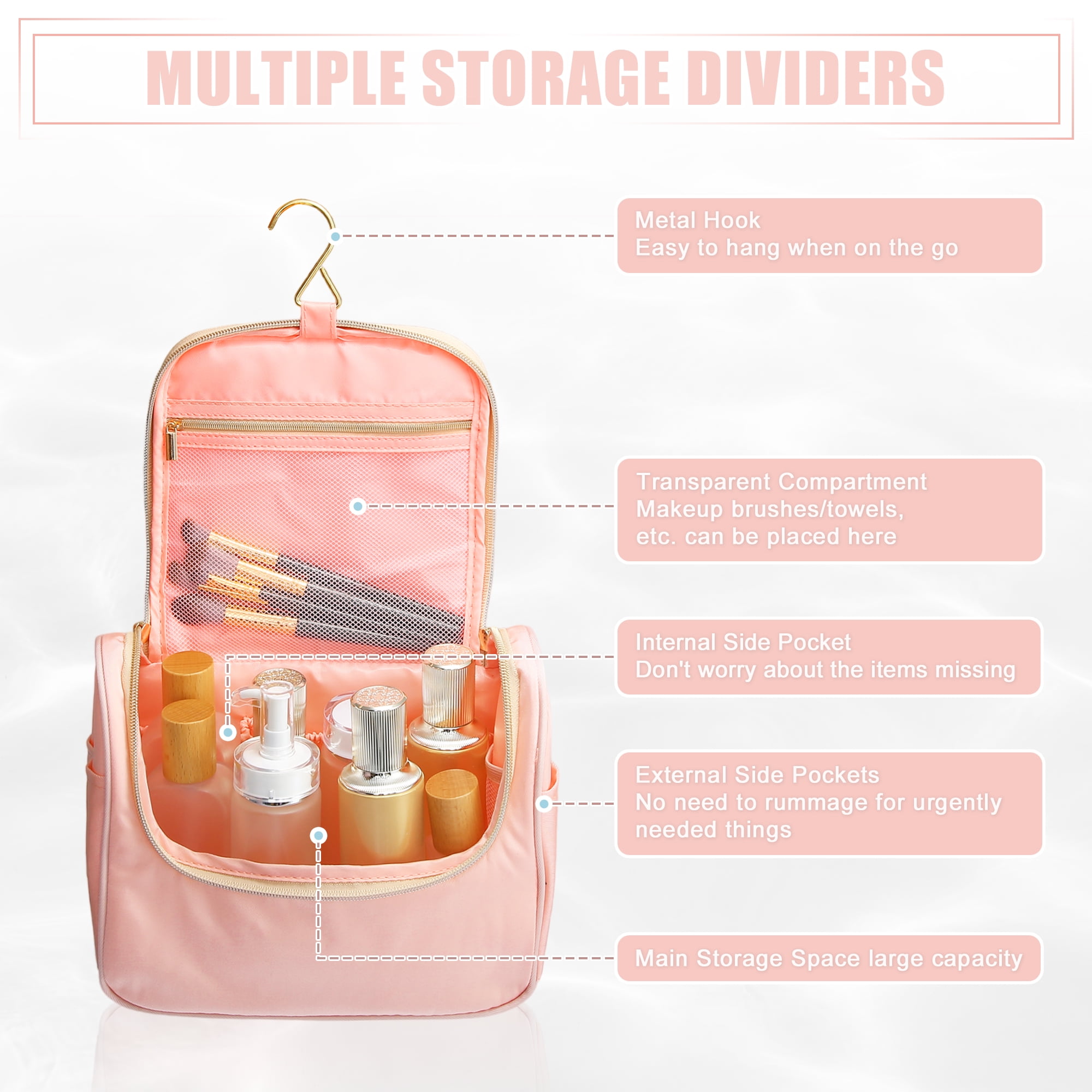 Unique Bargains 1Pc Travel Hanging Storage Cosmetic Bag for Toiletries Accessories Pink