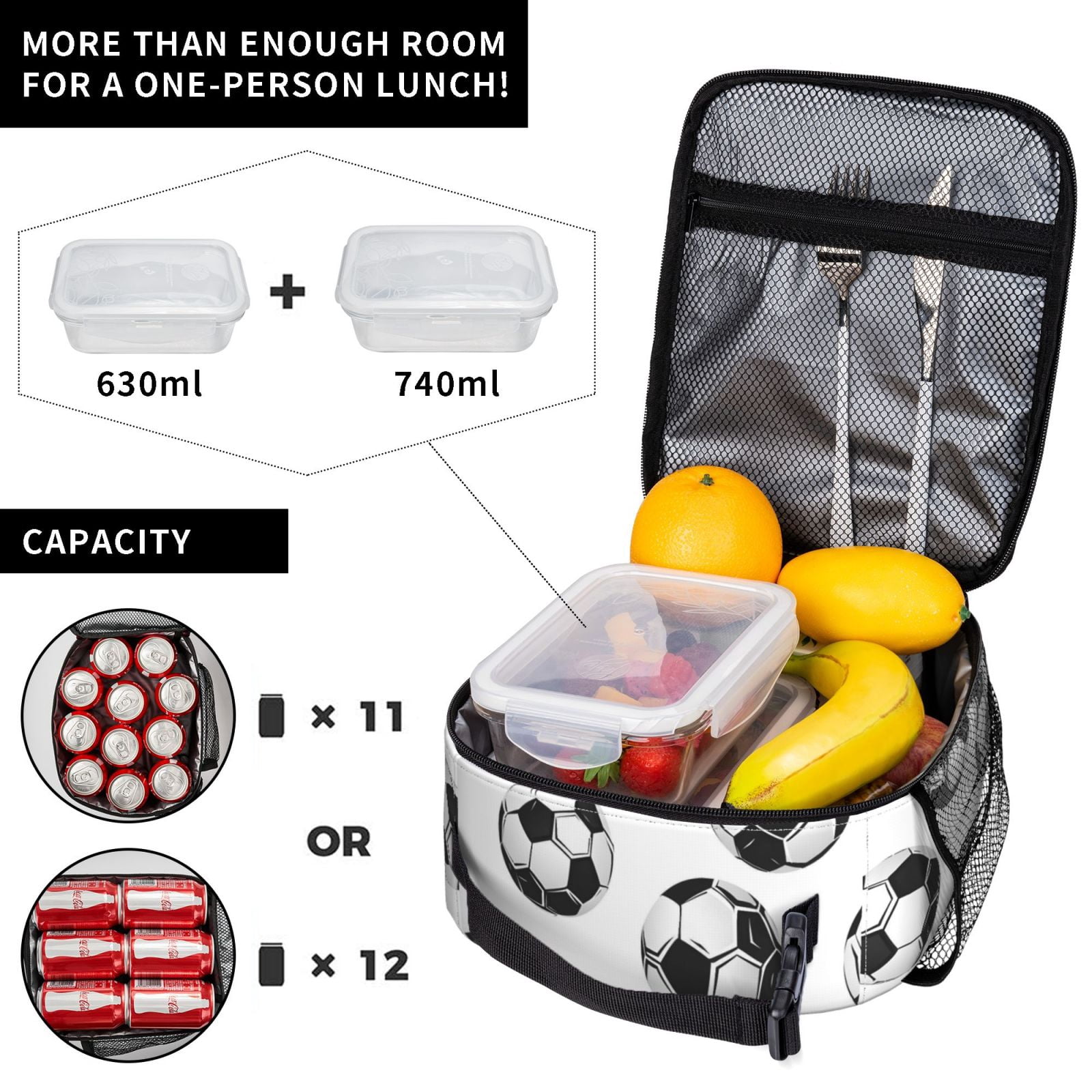 Lunch Bag For Women Men Insulated Portable Lunch Box Bento Box Office Picnic Travel Cooler Bag Soccer Football Theme Sporty Dynamic Style Soccer Balls