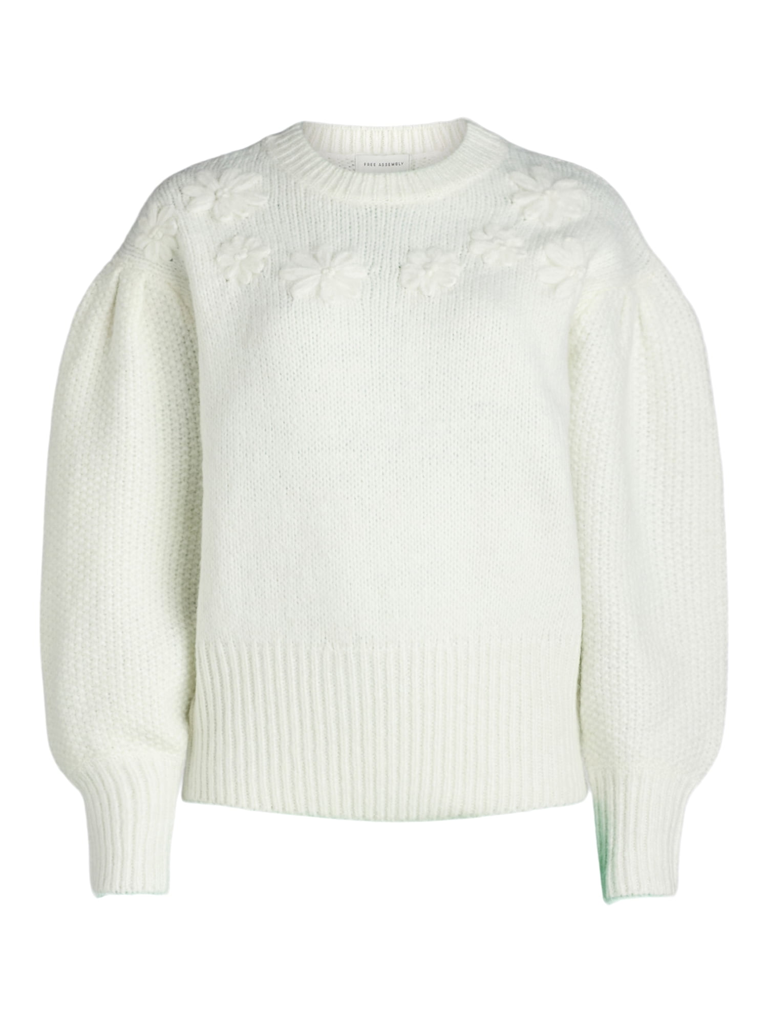 Free Assembly Women's & Women's Plus Embroidered Flower Sweater with Long Sleeves, Midweight, Sizes XS-4X