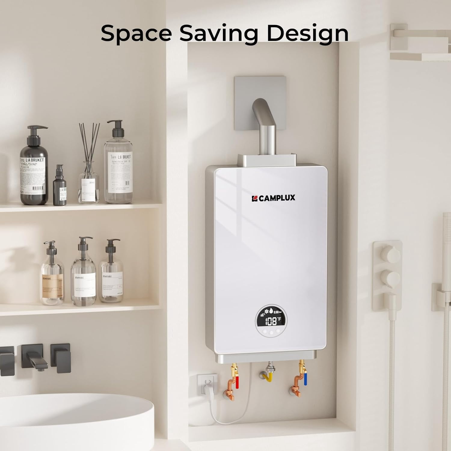 CAMPLUX 3.18GPM 82,000BTU Propane Indoor Tankless Water Heater For 2-3 Points Use, With Horizontal Vent Pipe, CA318W-LP