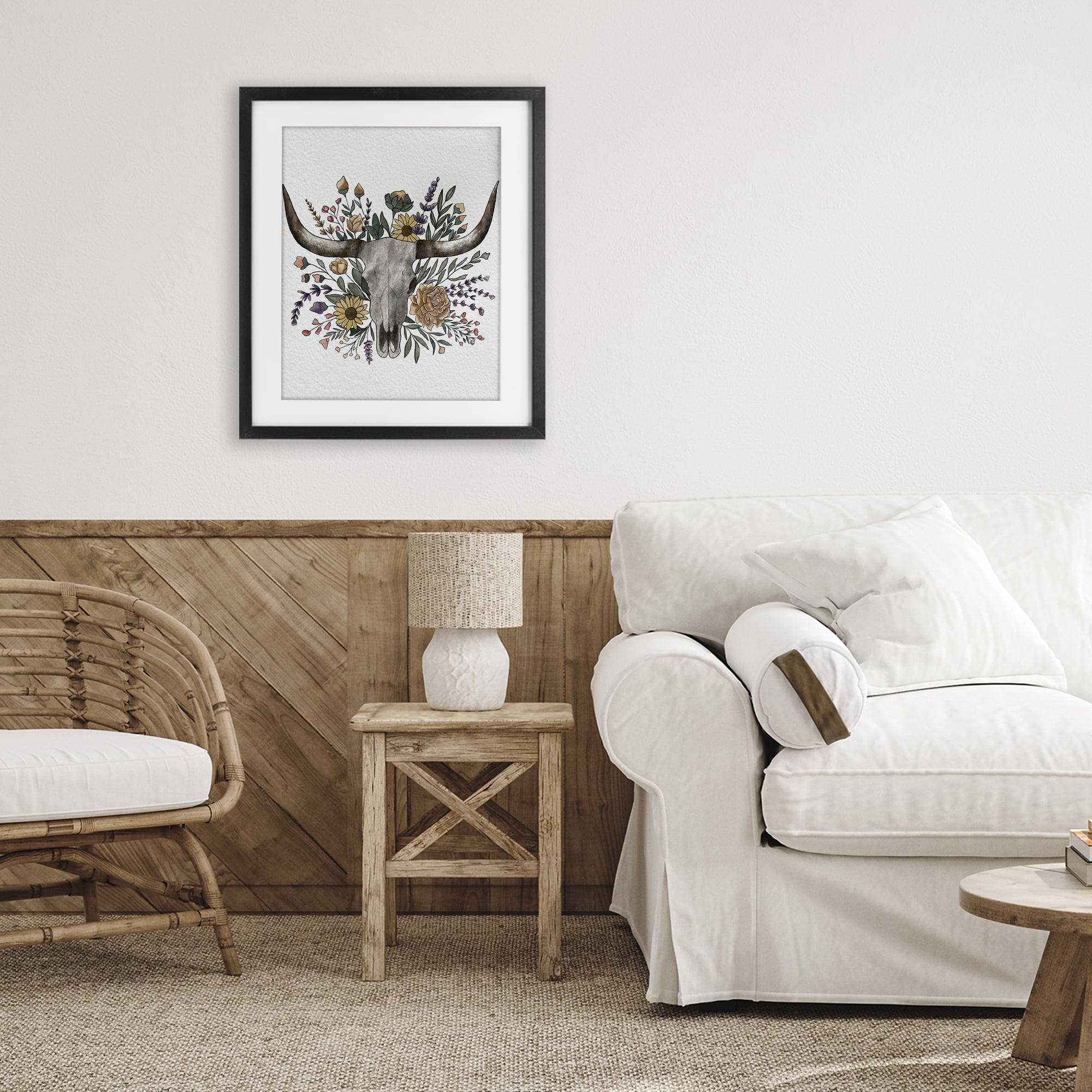 Stupell Industries Boho Wildflower Longhorn Black Framed Print Under Glass, design by Alisha Kiara Design