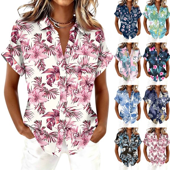 Tropical Floral Print Shirt for Women, Short Sleeve Button Down Collar Top - Summer Loose Fit Lightweight Blouse Blue L