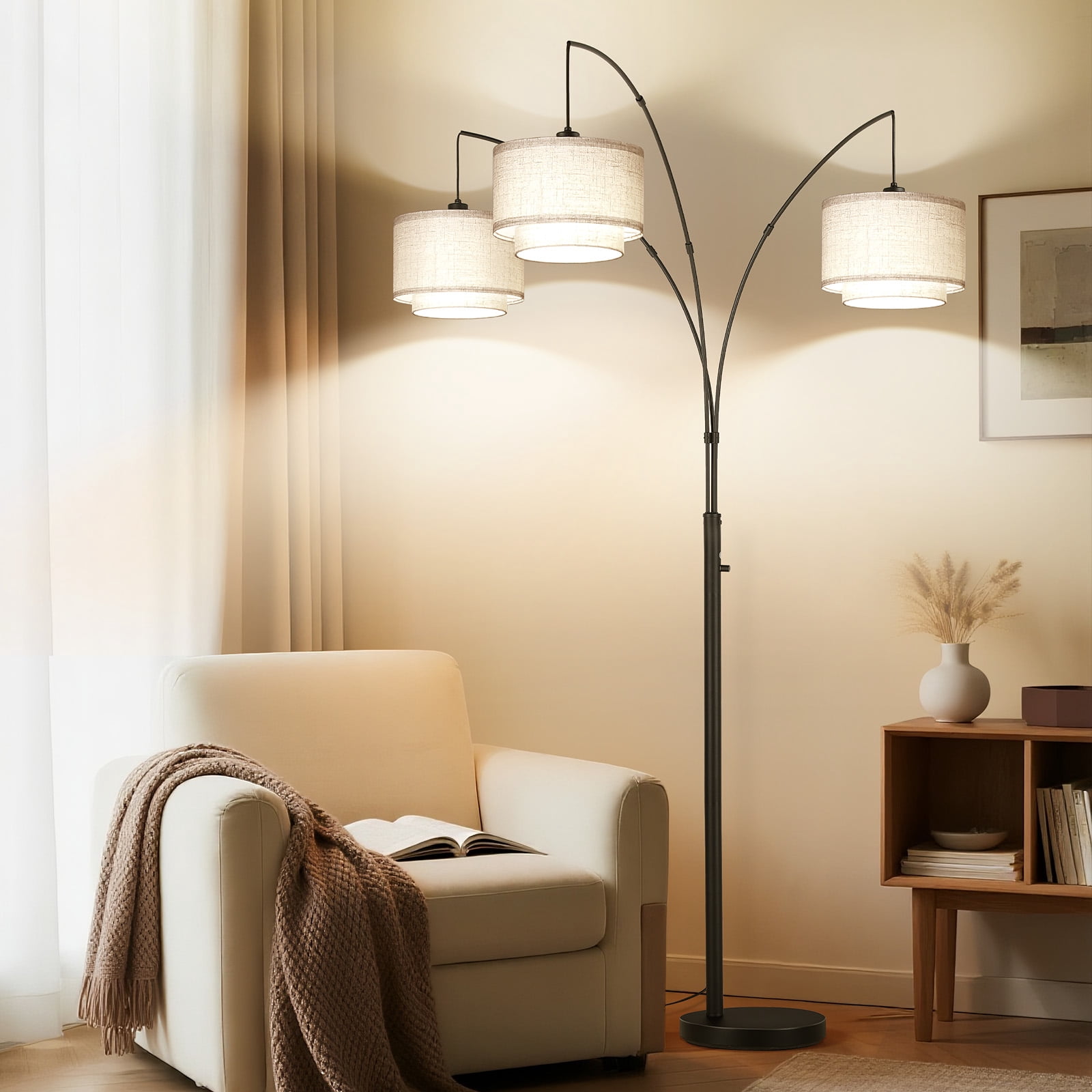 SUNMORY 3 Lights Tree Floor Lamp, 81.5" Tall Standing Lamp with Hanging Dual Drum Linen Shade, Modern Arc Floor Lamps with Heavy Base & 3 Bulbs, Mid Century Arched Floor Lamp for Living Room, Bedroom