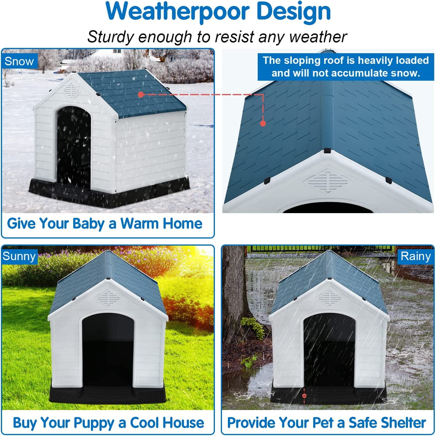 BIQWBIC 28 inch Dog House Small Plastic Portable Dog House for Balcony, Blue