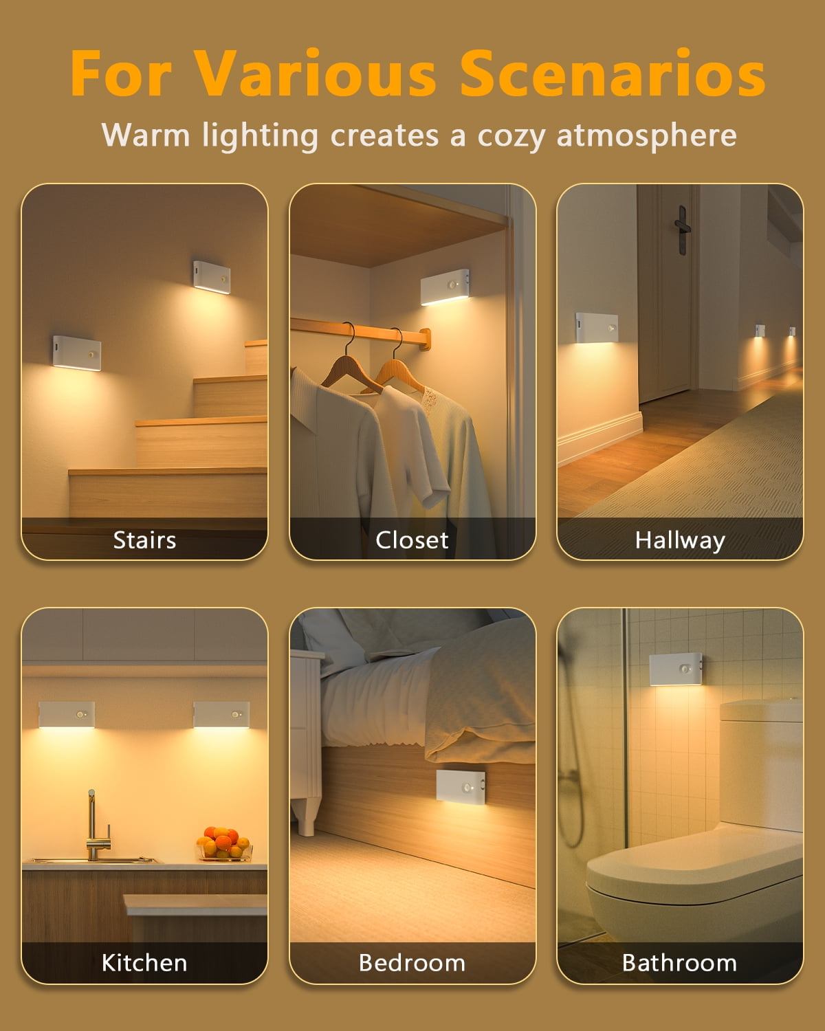 WILLED Rechargeable Motion Sensor Night Lights, Battery Operated Stair Lights Indoor, Soft Warm White Stick on Motion Activated LED Night Lights for Hallway Stairway Bathroom Bedroom Kitchen, 6 Pack