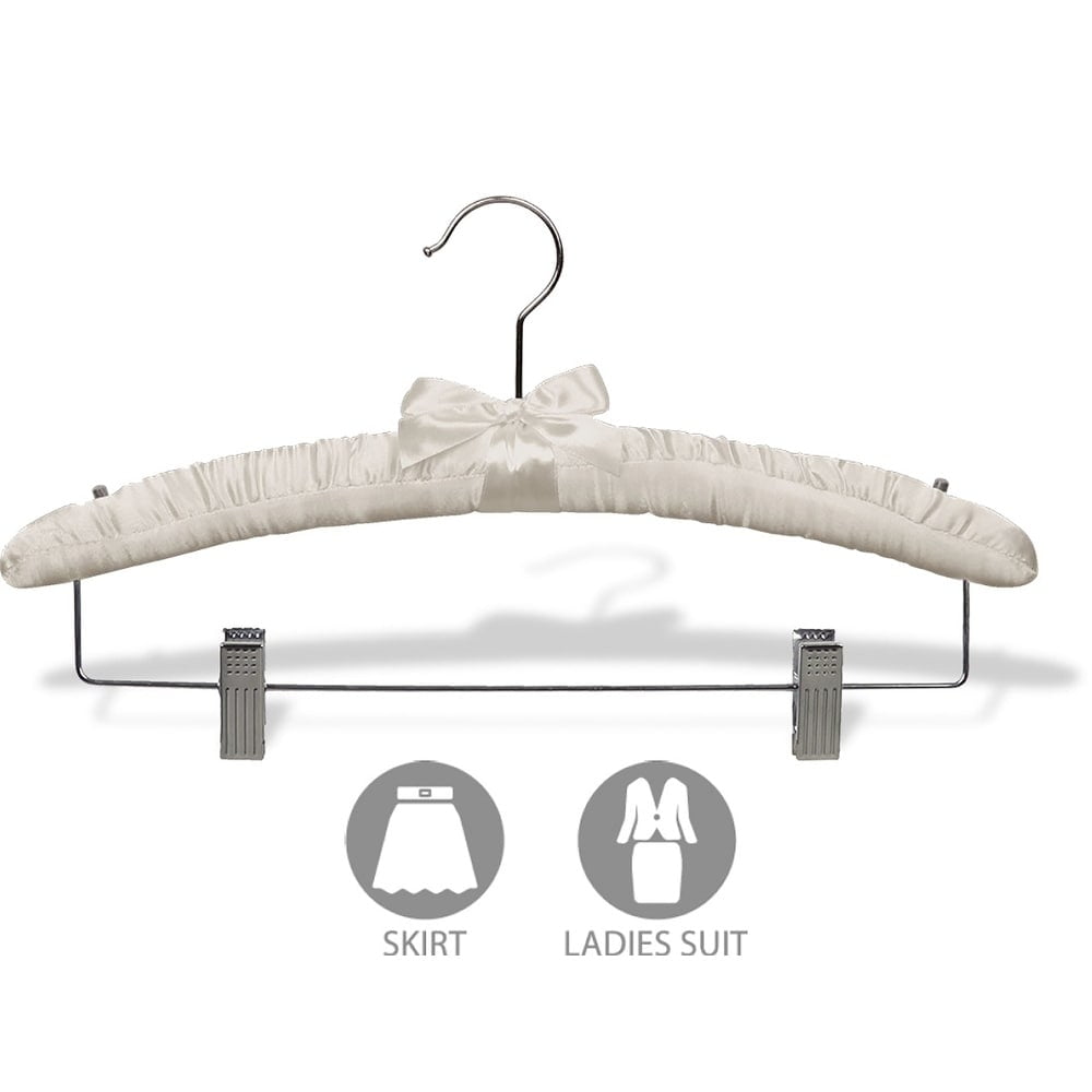The Great American Hanger Company Ivory Satin Combo Hanger with Adjustable Cushion Clips, Padded Wood Hangers with Chrome Swivel Hook & Studs for