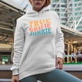 thumbnail image 2 of True Crime Junkie, Podcast Lover or Listener Themed, Groovy Retro Wavy Text Merch Gift, White Hooded Sweatshirt or Hoodie, 3XL, 2 of 5