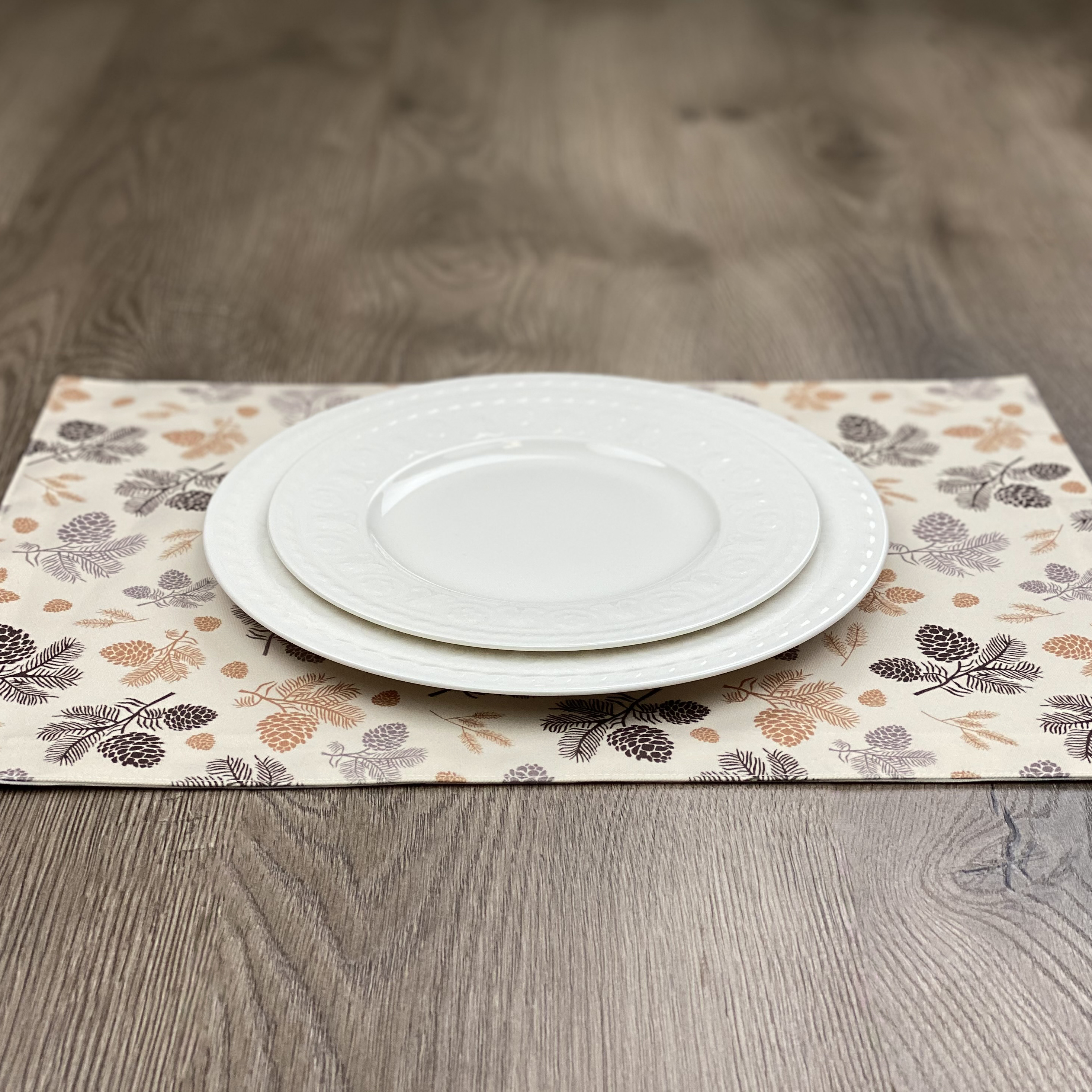 Set of 4 Autumn pine cone placemat, fir branches and pinecones, Washable Cotton Placemat for fall dining table