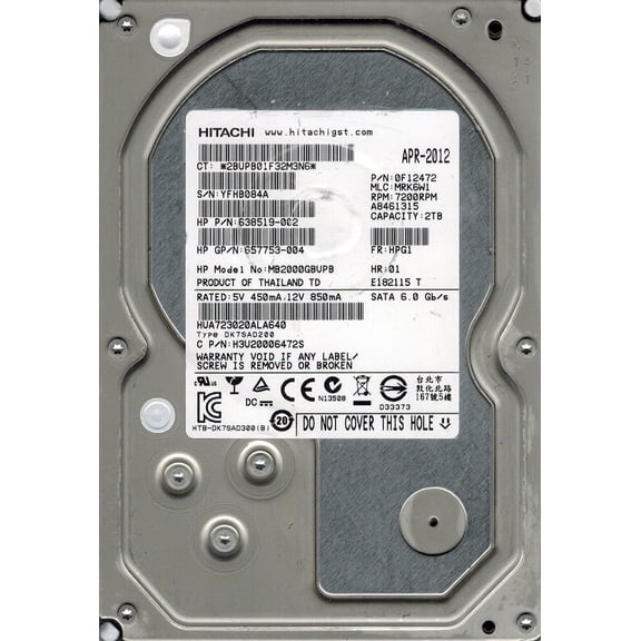 Hitachi HUA723020ALA640 P/N: 0F12472 MLC: MRK6W1 2TB