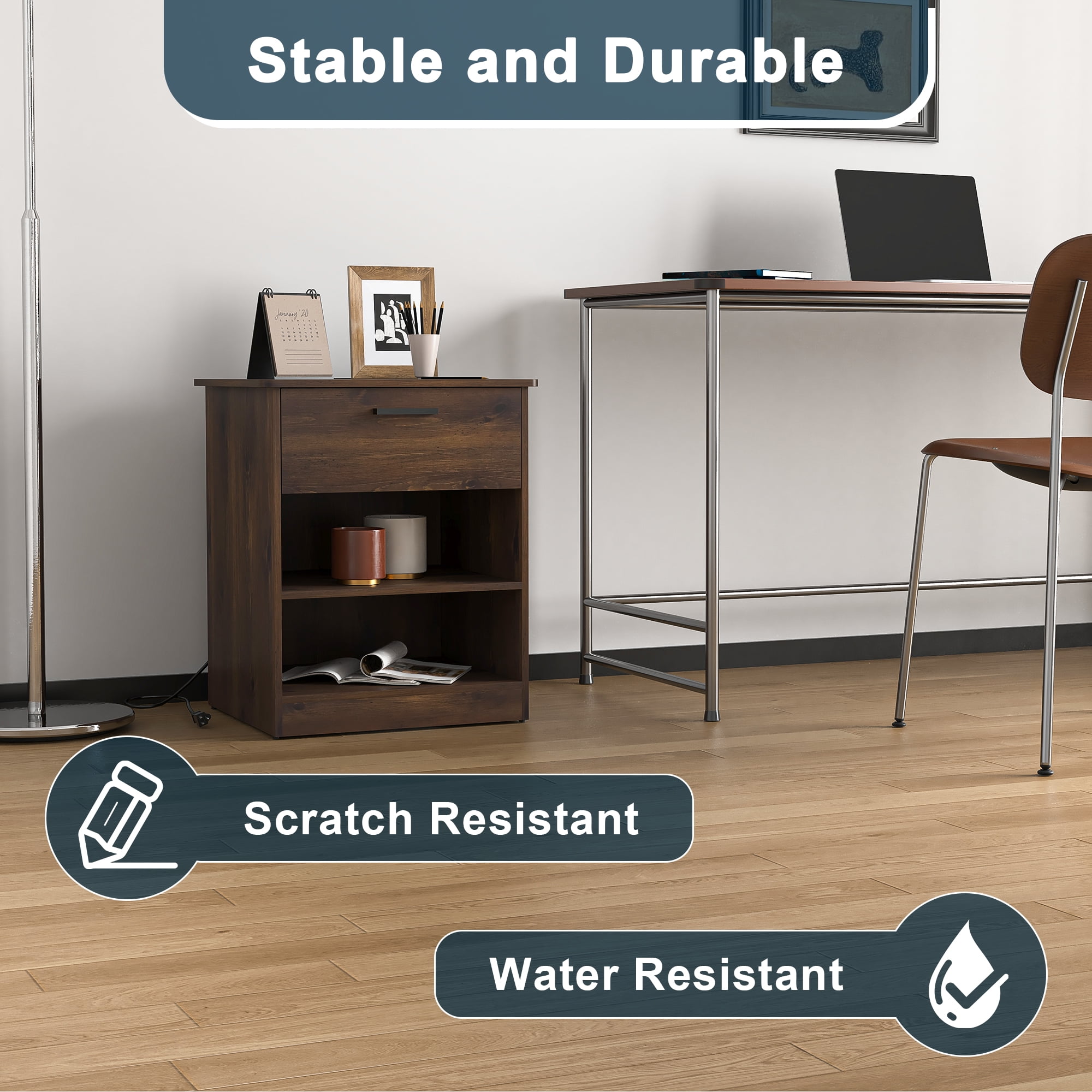 Demi Bonn 18.9" Side Table with Fast Charging Station USB C Cable Fast Charging, Wood End Table Nightstand with Drawer and Shelf for Living Room, Brown