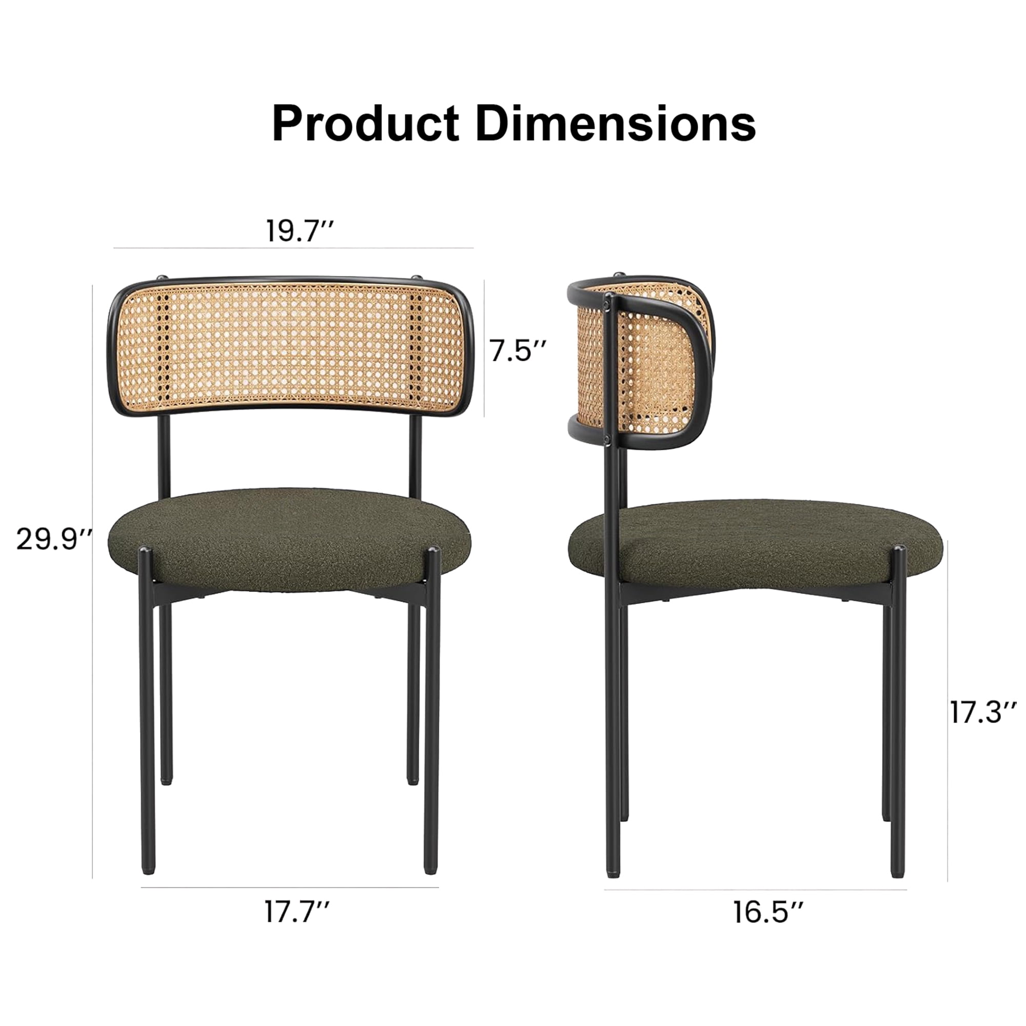 MAYEERTY 2-Pack Green Modern Upholstered Dining Chairs, Rattan Back, Metal Legs, Kitchen Accent