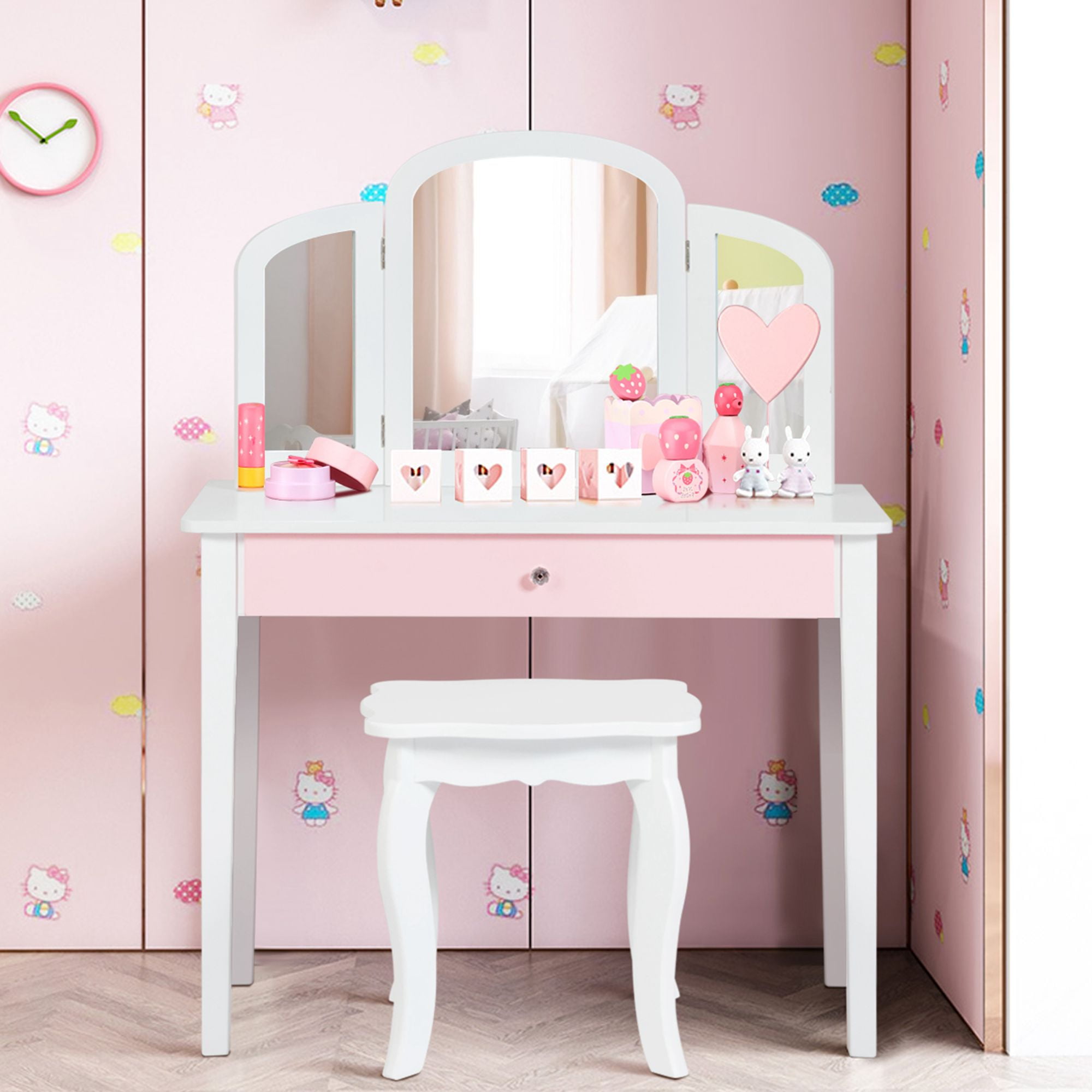 Meuble-lavabo Enfant Fille Avec Miroir Et Chaise – Blanc, Bois, 108 Cm, Facile à Monter