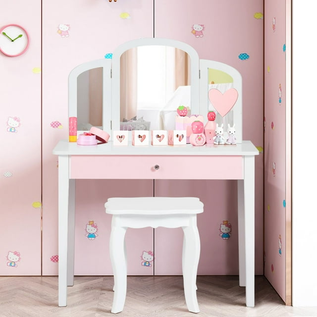 Costway Coiffeuse pour Enfants Ensemble de Princesse Table de Maquillage et de Jeu avec Miroir - Blanc