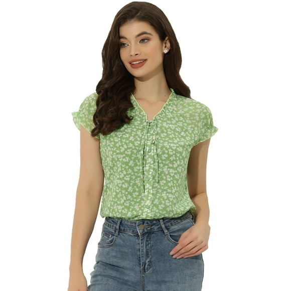 blusa de gasa con cuello en V de manga corta suelta para mujer Verde Claro M