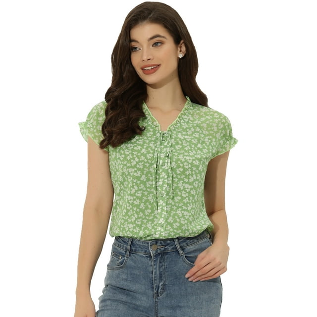 Blusa de gasa Allegra K cuello En V manga corta suelta Verde Claro XS