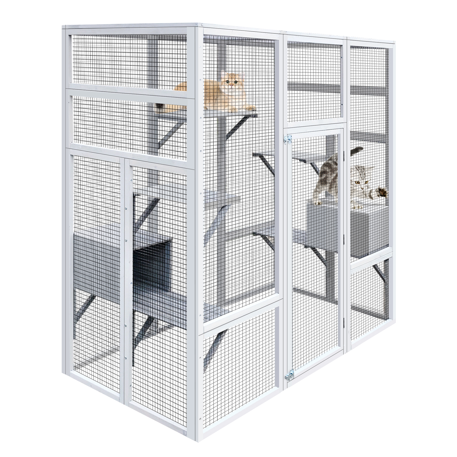 Home Outdoor 70'' Large Catio Wood Cat Enclosure with Perches and Condos, Pet Cat Patio with Waterproof Roof, Feral Cats Shelter 5 Platforms & 2 Resting Box, UV-Resistant
