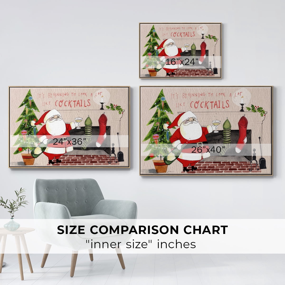 Get Blitzened Collection A - Framed Gallery Wrapped Holiday Canvas - 17 x 25 - Natural Wood Frame
