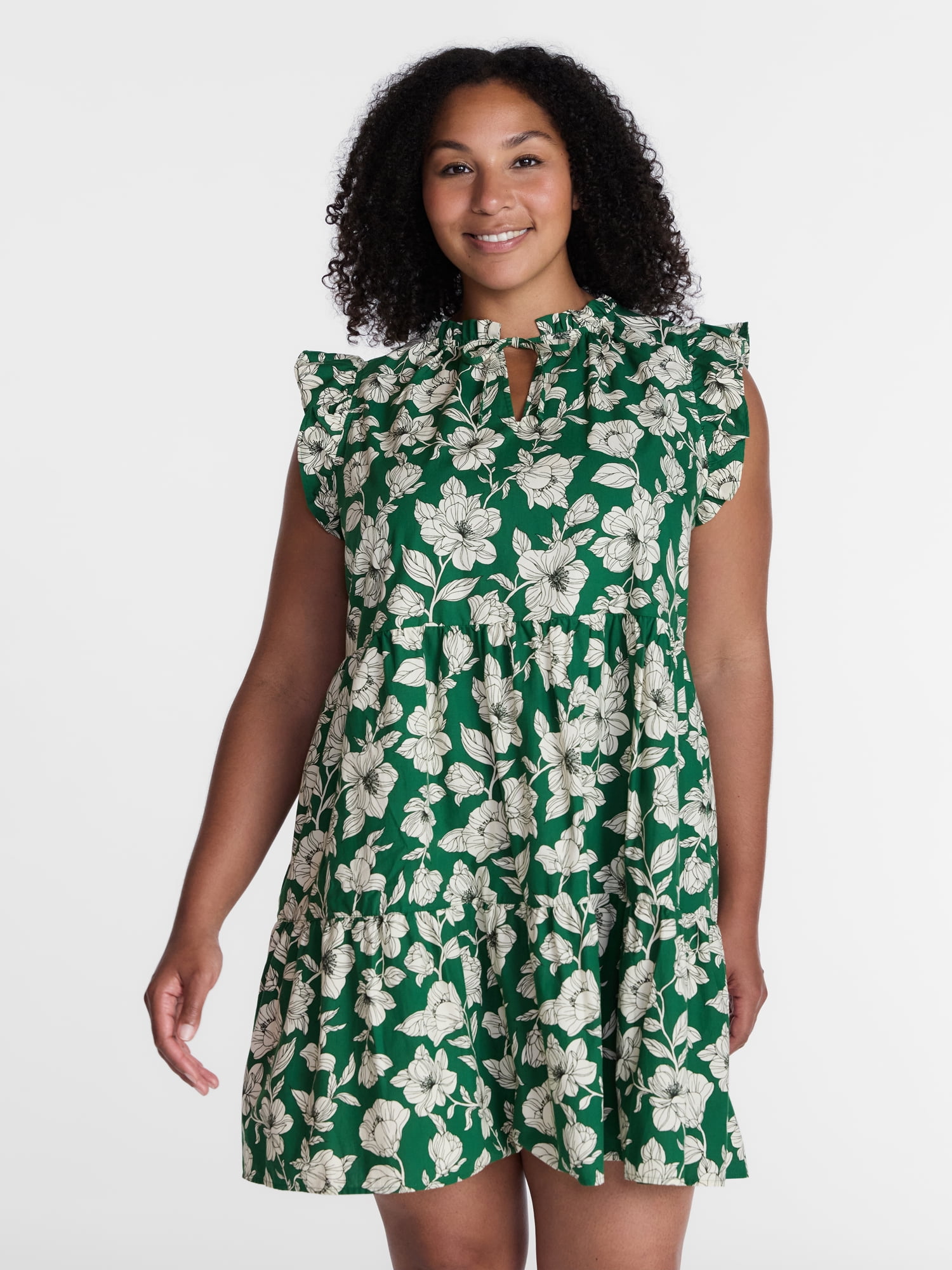 Time and Tru Women's and Women's Plus Tiered Cotton Mini Dress with Flutter Sleeves, Sizes XS-4X