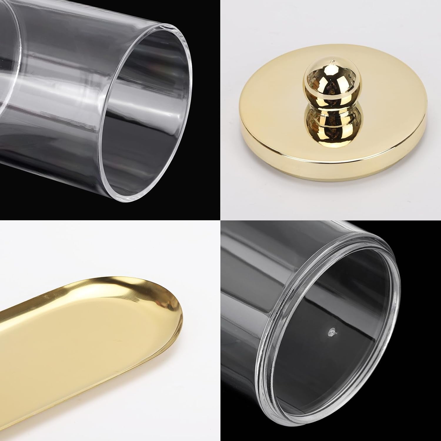 RGHJAR-2 Pack Qtip Holder with Gold Tray, 10oz Plastic Canister Apothecary Jar for Cotton Swabs, Balls, Pads, Floss Picks - Clear Bathroom Essentials Accessories Decor