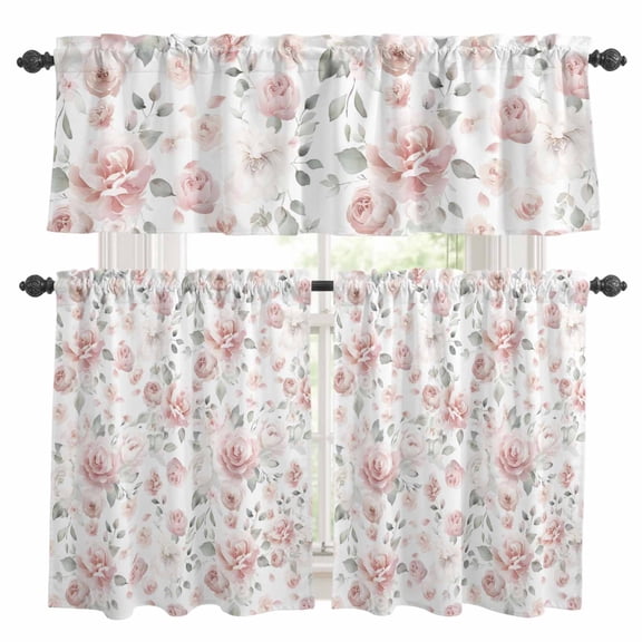 Pink Rose Kitchen Curtains Sets for Windows 24 Inch Length, Modern Simple Romantic Flowers Floral Leaves Rod Pocket Window Treatments Tier Curtains and Valances Set for Bedroom/Bathroom