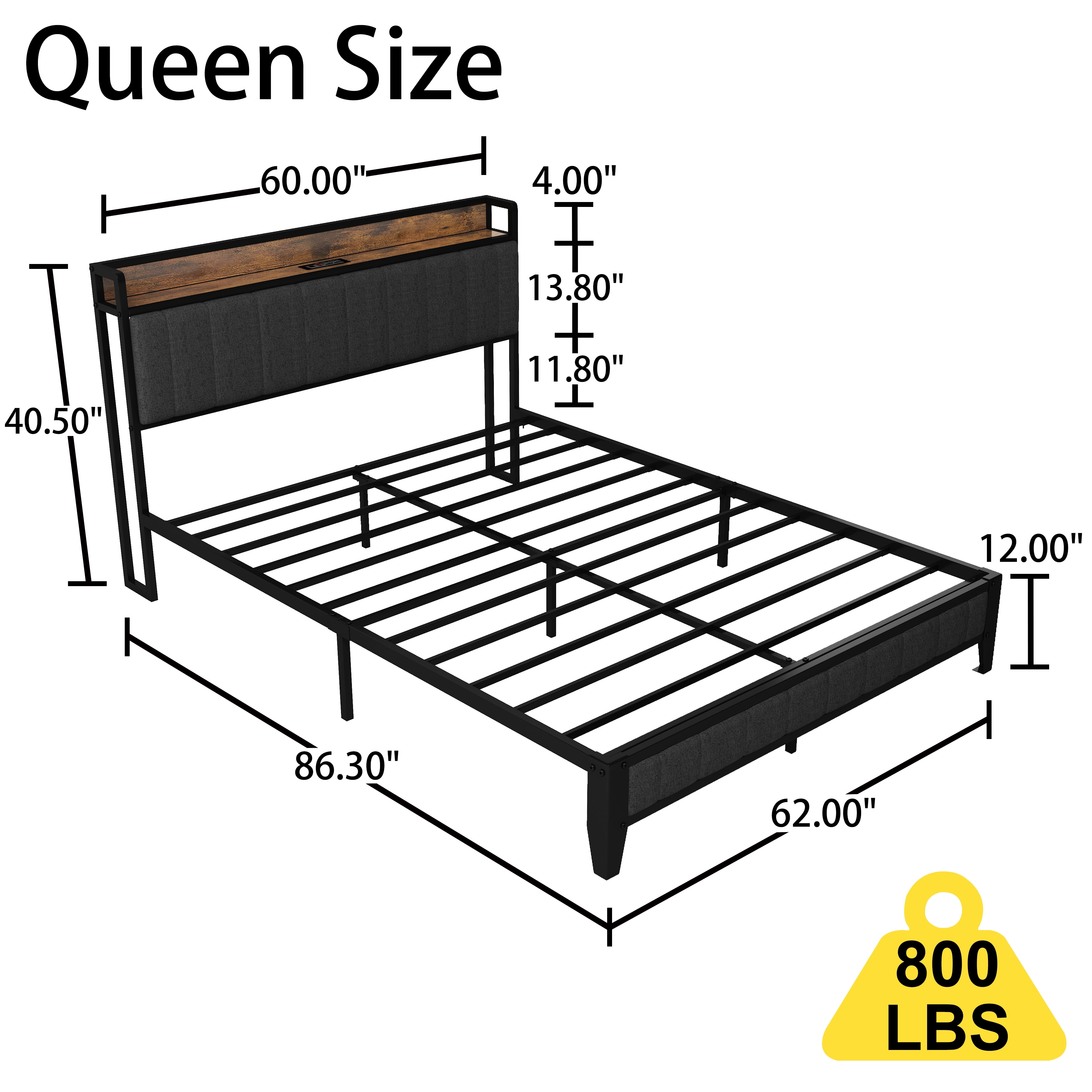 US Queen Size Bed Frame Charging Station Upholstered Headboard Metal Platform