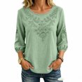 thumbnail image 2 of Tnhcen Women Boho Blouse 3/4 Puff Sleeve Floral Embroidered Top Round Neck Casual Loose Fit Solid Color A Line Summer Spring Shirt for Women Daily Vacation, 2 of 2