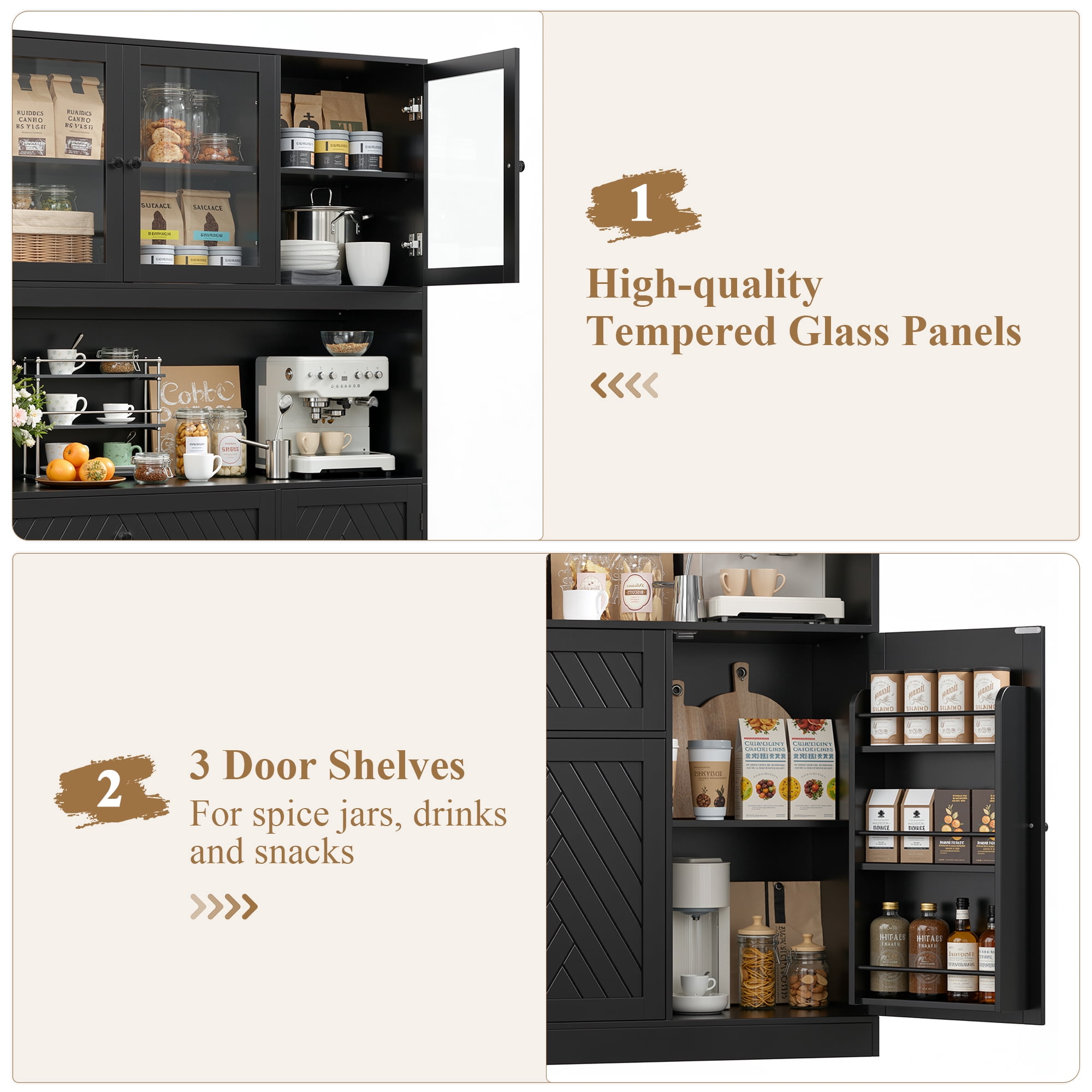 Hiphuta 72" Tall Modern Pantry Cabinet with Adjustable Shelves, Freestanding Kitchen Hutch Cabinet for Dining Room, Black