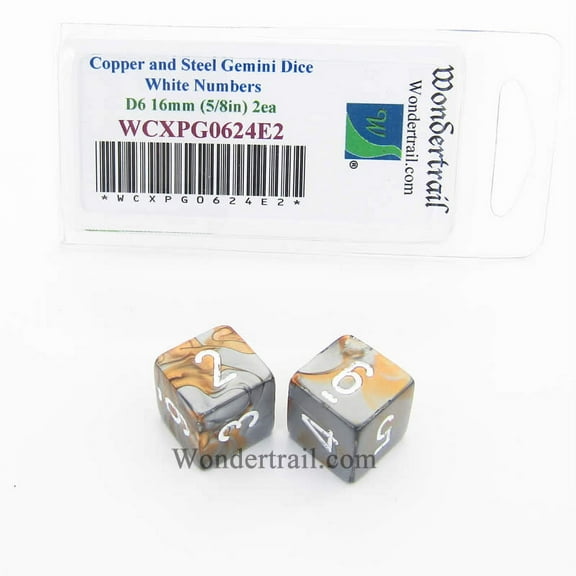 Copper and Steel Gemini Dice with White Numbers D6 Aprox 16mm (5/8in) Pack of 2 Wondertrail