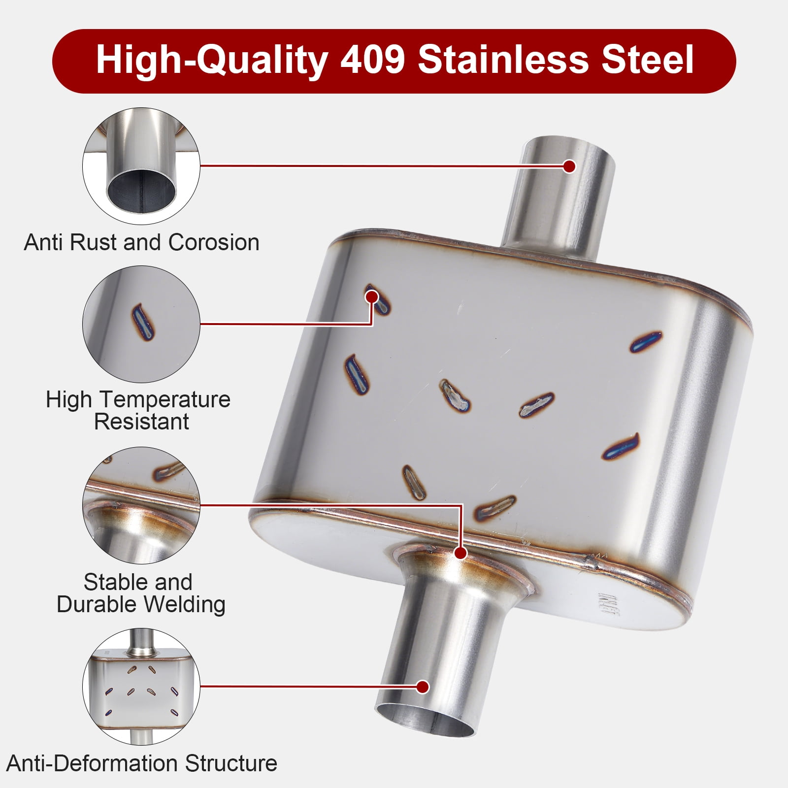 Universal Exhaust Muffler, Single Chamber Performance Muffler for Cars Trucks, Stainless Steel, 3" Inlet/Outlet, Overall Length 13"