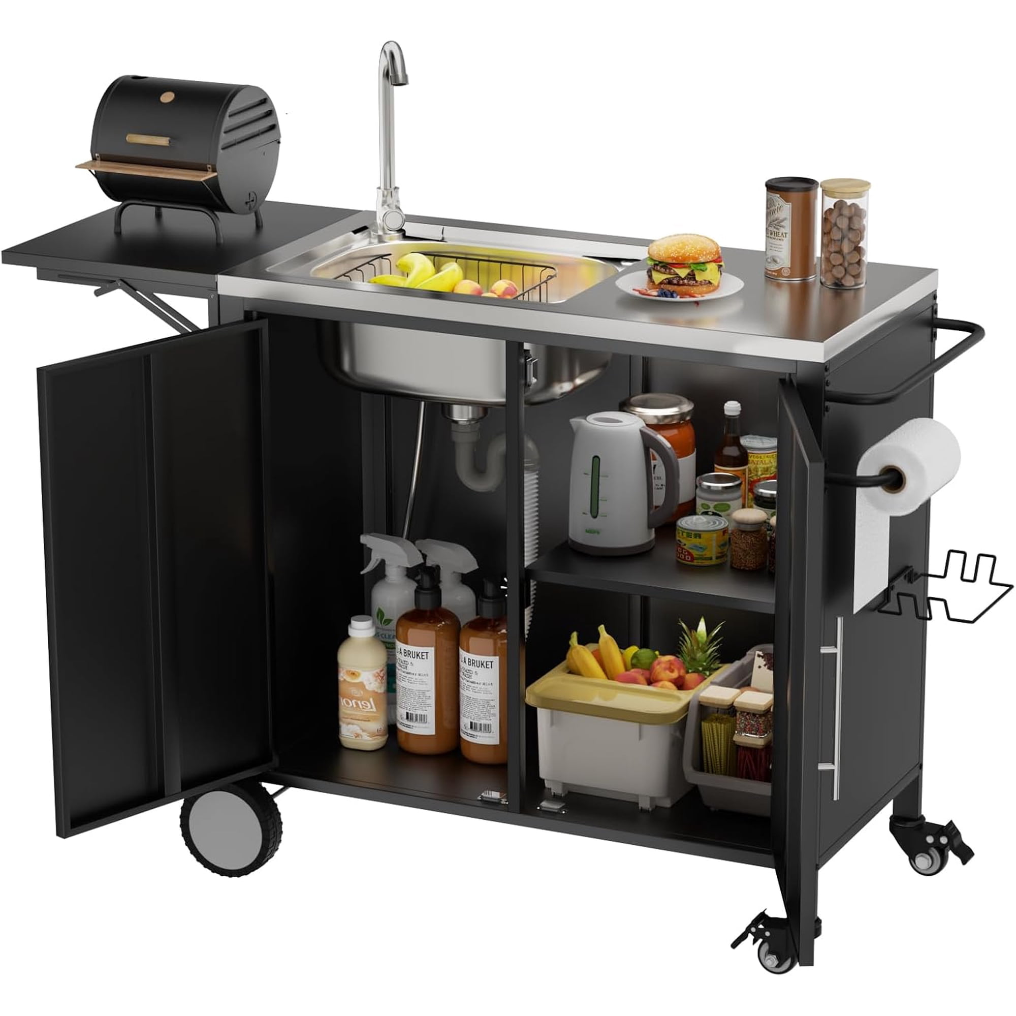 Outdoor Grill Table with Sink, Metal Worktable Kitchen Cabinet Island w/ 304 Stainless Steel Sink, Foldable Top and Storage Cabinet, Rolling Grill Cart with Wheels for Garden, Backyard and Lawn