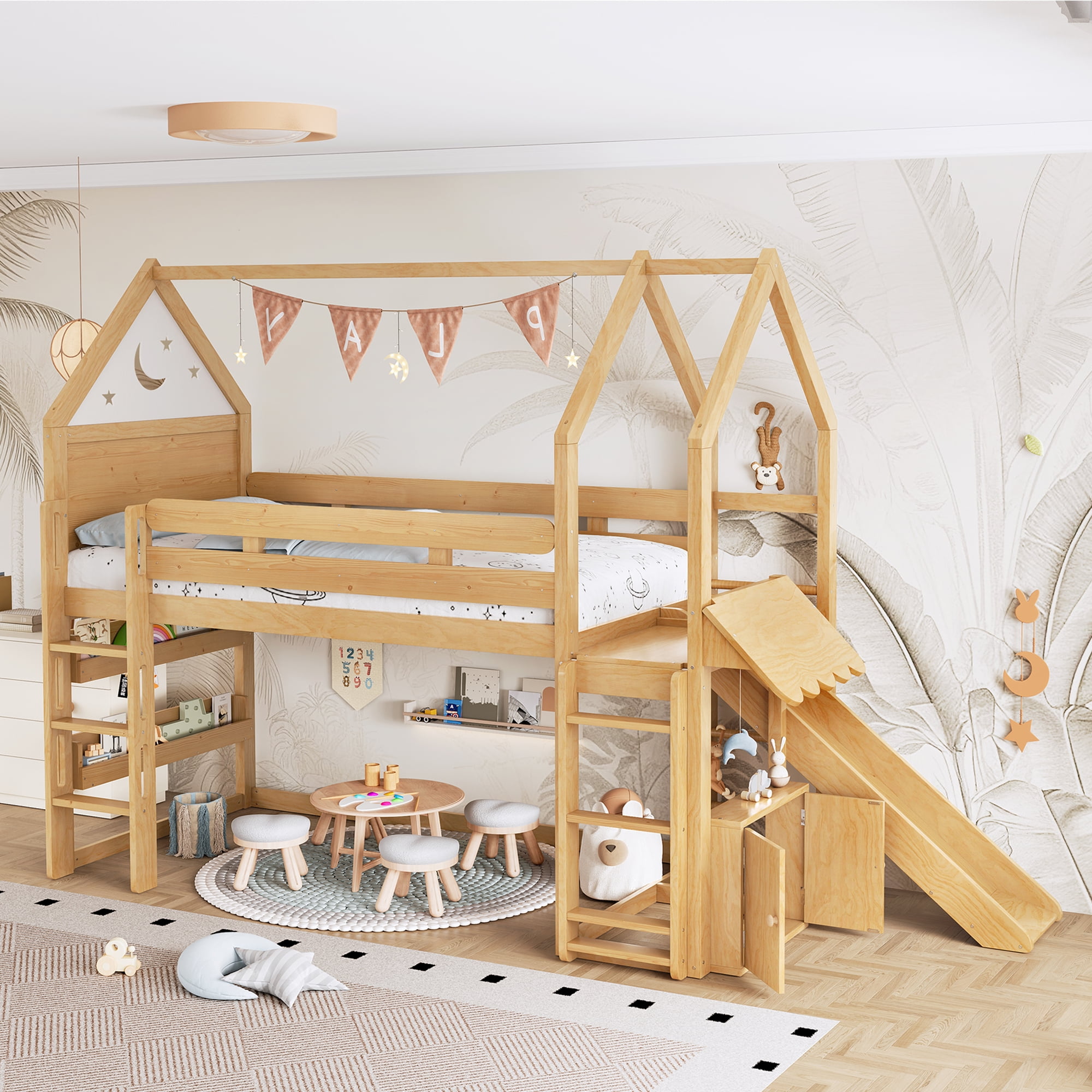 Yoneston Twin House Shaped Loft Bed with Slide and Bookshelf, Starry Moon Platform House Bed with Stairs, Roof & Guardrails for Kids Teens Bedroom Playhouse, Natural