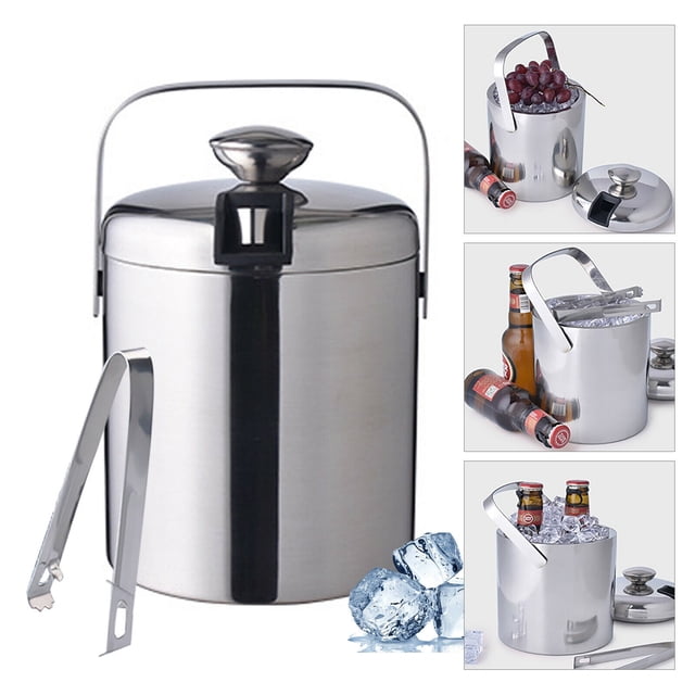 Cubo de hielo aislado para picnic al aire libre de 1,3 l, de acero inoxidable, de doble pared, con tapa y pinza para hielo