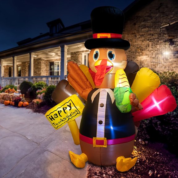 5 ft Thanksgiving Outdoor Inflatable Balloon Turkey with Corn in Hand Holding up Happy Thanksgiving Sign, Yard Garden Decorated Halloween Inflatable Turkey (Gentleman's Turkey)
